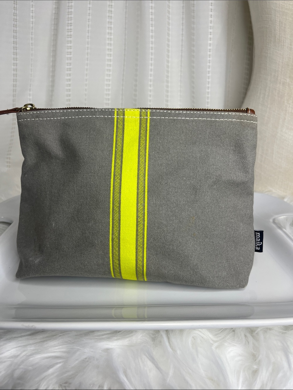 Maika Gray Canvas Pouch with Neon Yellow Center Stripe